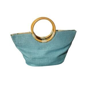 Neiman Marcus Teal Woven Tote Bag With Wooden Handles